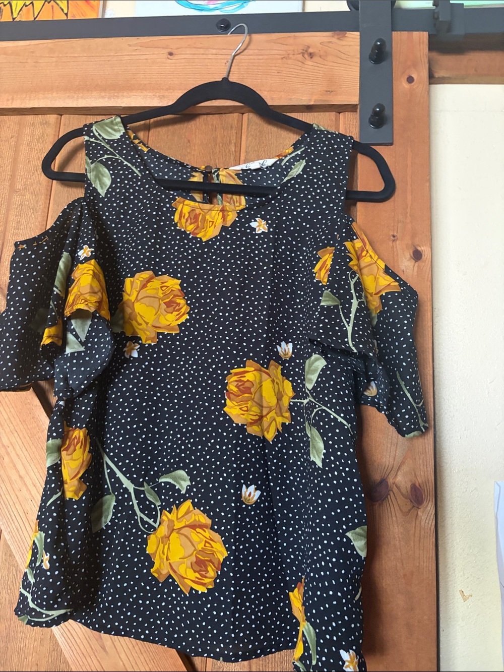 Blush Black Polka Dot Top with Yellow Floral Accents